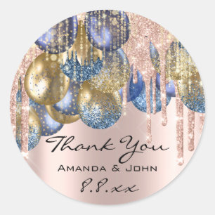 Thank BirthdaWedding Ballon Blue Gold  Drip Rose Classic Round Sticker