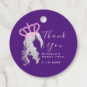 Thank Bridal Sweet 16th Princess Purple Crown Pink Favour Tags