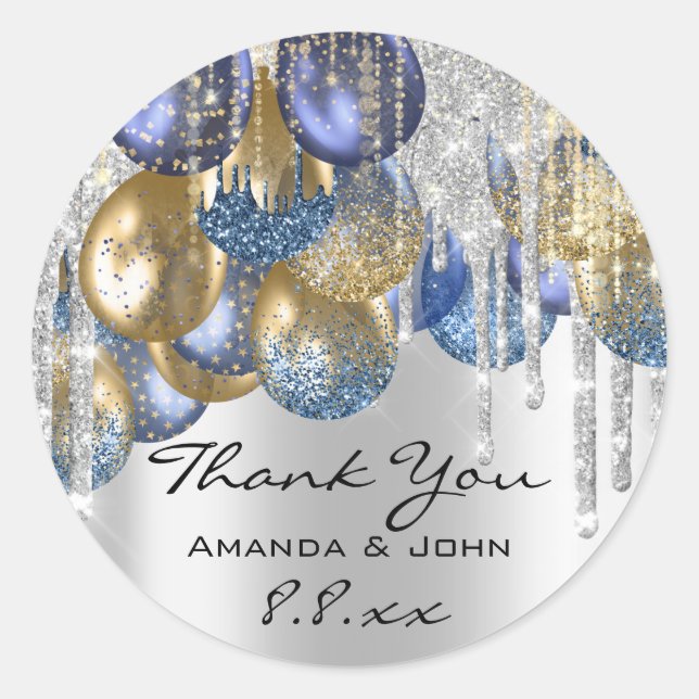 Thank Bridal Wedding Ballon Blue Navy Drips Silver Classic Round Sticker (Front)