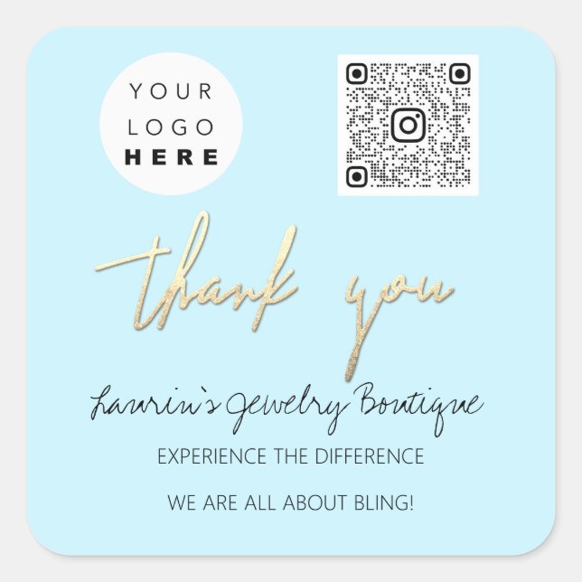 Thank Business Name Logo Qr Code Online Shop Blue Square Sticker (Front)