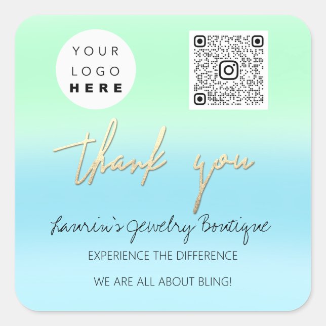 Thank Business Name Logo Qr Shop Blue Mint Green Square Sticker (Front)