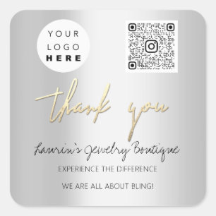Thank Business Name Logo QrCode Online Shop Silver Square Sticker