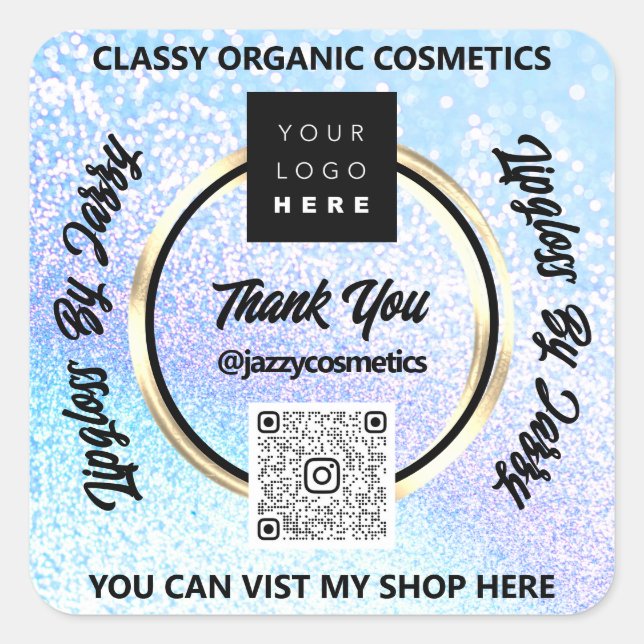 Thank Business QR Code Logo Blue Glitter  Square Sticker (Front)