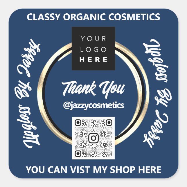 Thank Business QR Code Logo Gold Blue Navy Square Sticker (Front)