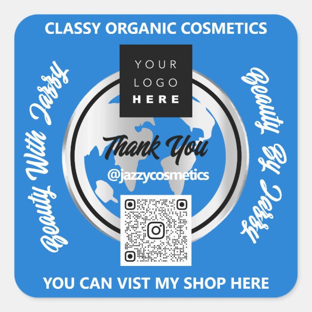Thank Business QR Code Logo Gold MAP Globe Blue Square Sticker (Front)