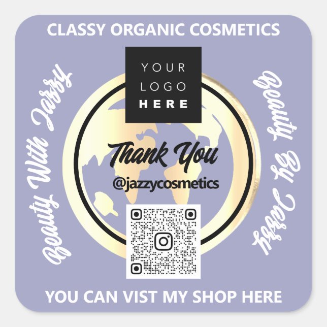 Thank Business QR Code Logo Gold MAP Globe Blue Square Sticker (Front)