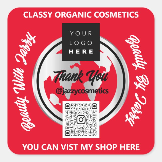Thank Business QR Code Logo Gold MAP Globe Red Square Sticker (Front)