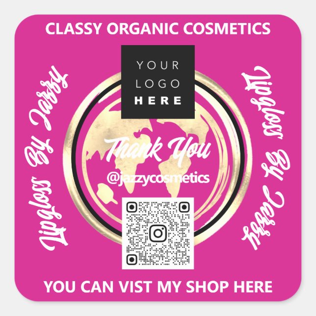 Thank Business QR Code Logo Gold Pink Square Sticker (Front)
