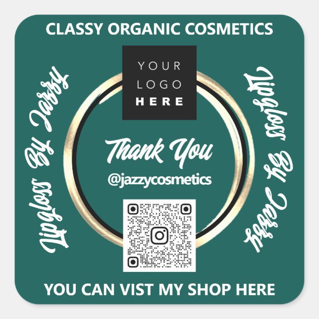 Thank Business QR Code Logo Gold Teal Green Square Sticker (Front)