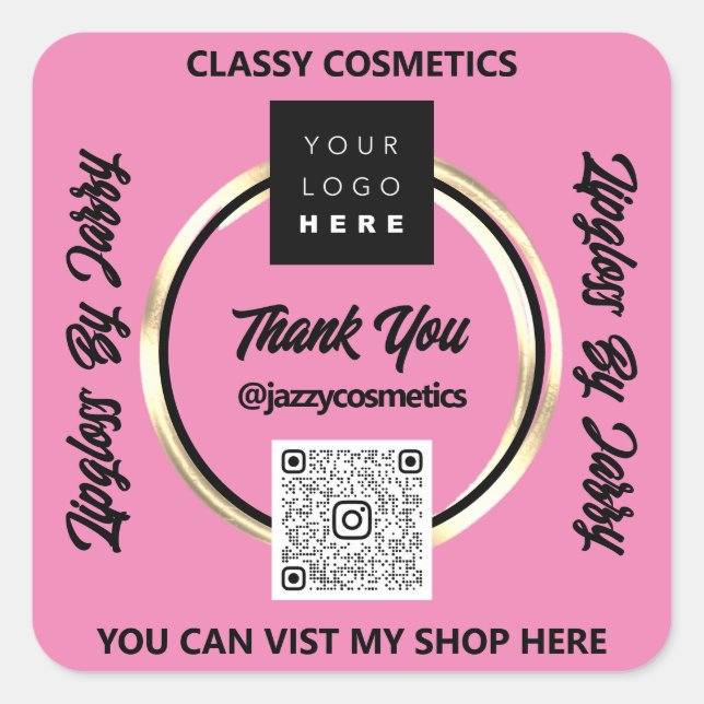 Thank Business QR Code Logo Golden Circle Pink Square Sticker (Front)