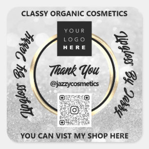 Thank Business QR Code Logo Grey Silver Glitter  Square Sticker