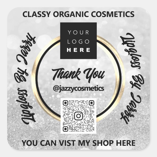 Thank Business QR Code Logo Grey Silver Glitter  Square Sticker (Front)