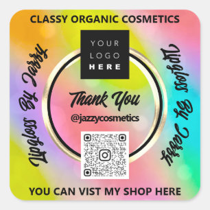Thank Business QR Code Logo Holographic Rainbow Square Sticker