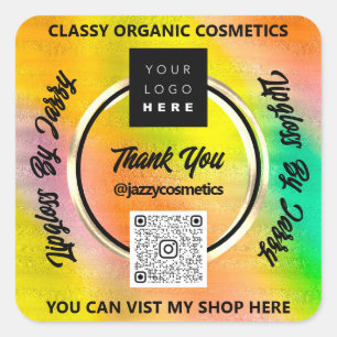 Thank Business QR Code Logo Holographic Yellow Square Sticker