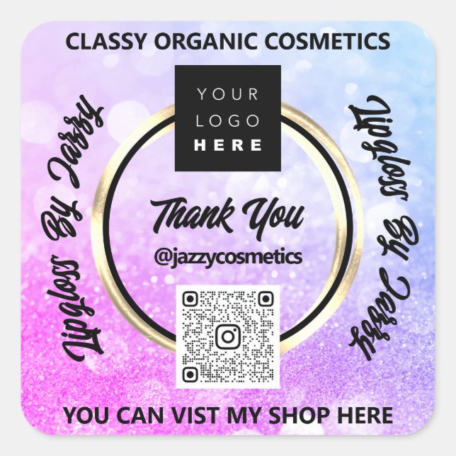 Thank Business QR Code Logo Pink Blue Square Sticker (Front)