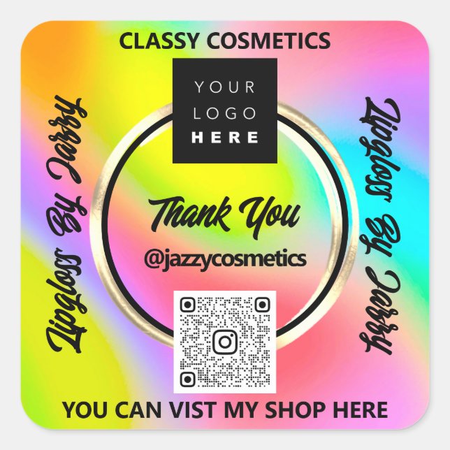Thank Business QR Code Logo Pink Holograph Pink Square Sticker (Front)