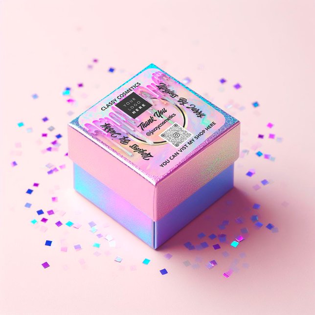Thank Business QR Code Logo Pink Holographic Drips Square Sticker (Thank Business QR Code Logo Pink Holographic Drips Square Sticker)