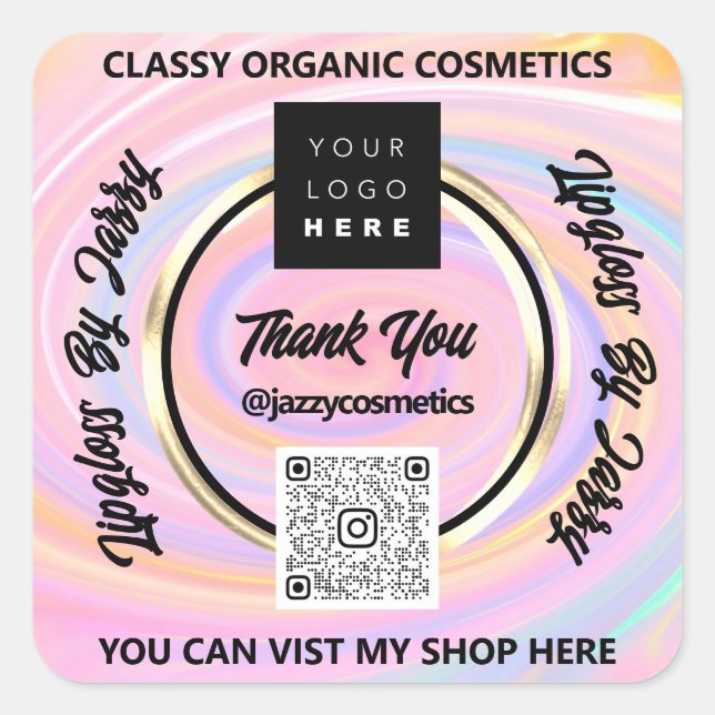 Thank Business QR Code Logo Rainbow Glitter Pink Square Sticker (Front)