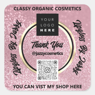 Thank Business QR Code Logo Rose Blush Glitter  Square Sticker