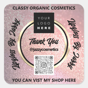 Thank Business QR Code Logo Rose Gold Glitter Square Sticker
