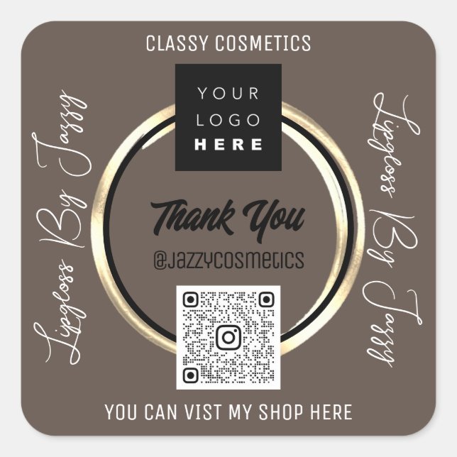 Thank Business QR Code Logo Scan Brown Gold  Square Sticker (Front)