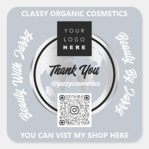 Thank Business QR Code Logo Silver MAP Globe Grey Square Sticker