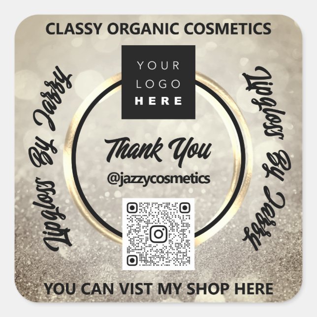 Thank Business QR Code Logo Smoky Glitter Square Sticker (Front)