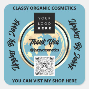 Thank Business QR Code Logo World Map Earth Blue Square Sticker