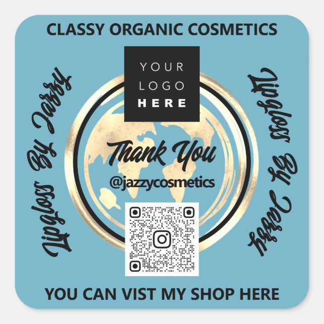 Thank Business QR Code Logo World Map Earth Blue Square Sticker (Front)