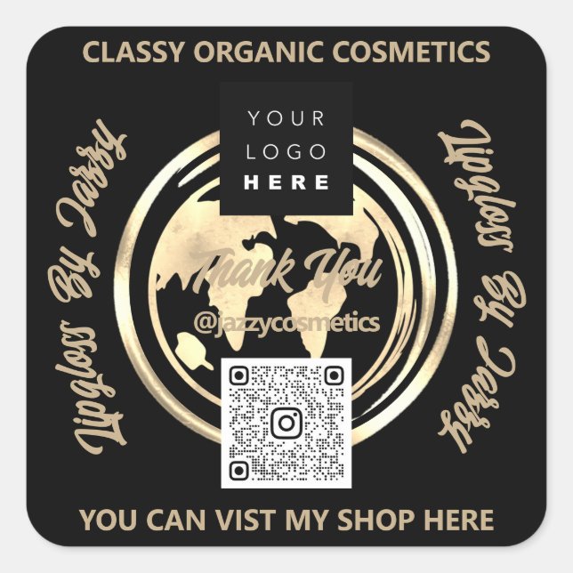 Thank Business QR Code Logo World Map Earth Gold Square Sticker (Front)