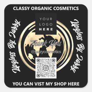 Thank Business QR Code Logo World Map Earth Gold Square Sticker