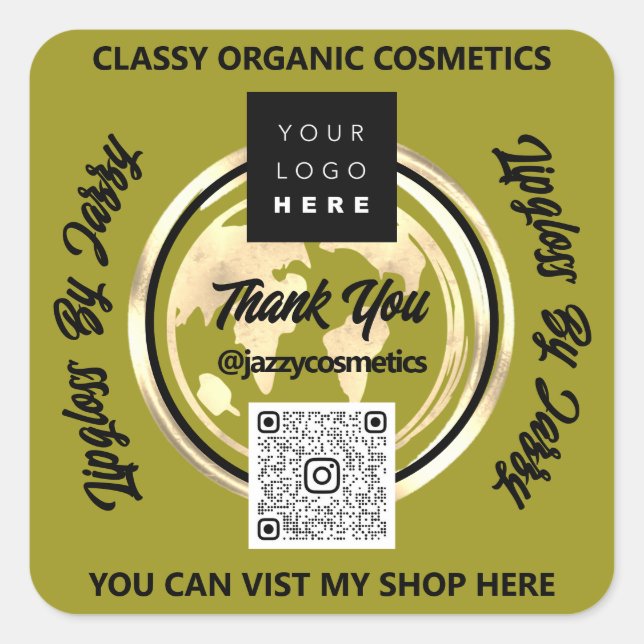 Thank Business QR Code Logo World Map Earth Green Square Sticker (Front)