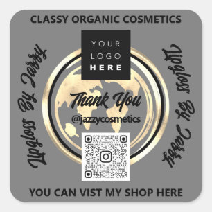 Thank Business QR Code Logo World Map Earth Grey Square Sticker