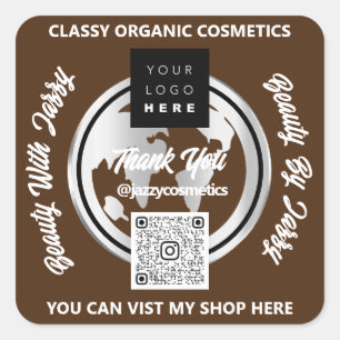 Thank Business QRCode Logo Silver Map Globe Brown Square Sticker