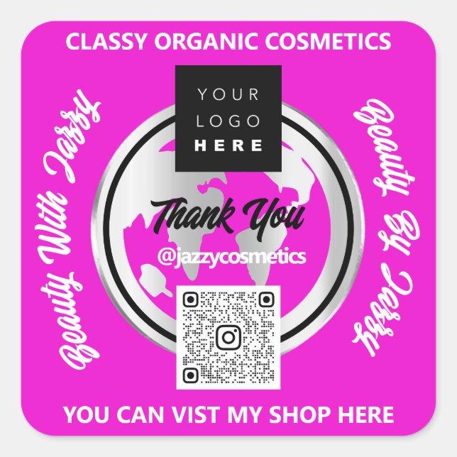 Thank Business QRCode Logo Silver Map Globe Shop Square Sticker (Front)