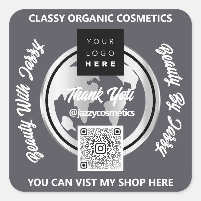 Thank Business QRCode Logo Silver Map Globe Smoky Square Sticker (Front)