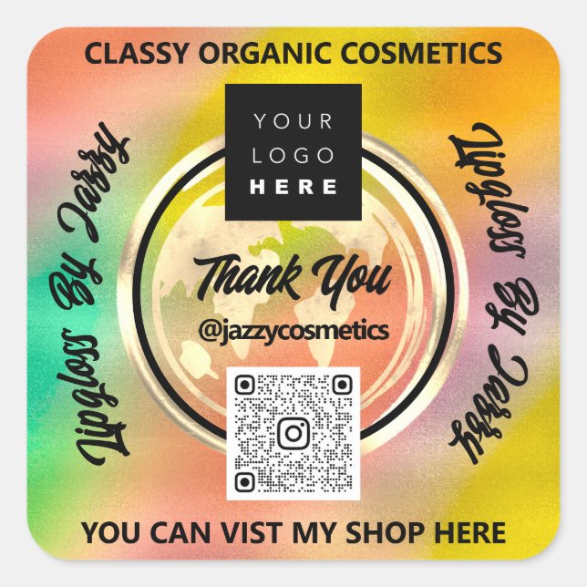 Thank Business QRCode Logo World Earth Holographic Square Sticker (Front)