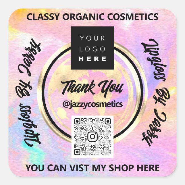 Thank Business QRCode Logo World Earth Holographic Square Sticker (Front)