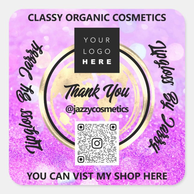 Thank Business QRCode Logo World Earth PinkGlitter Square Sticker (Front)