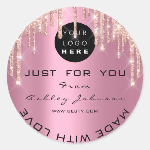Thank Custom Logo Rose Drips Made With Love Pink Classic Round Sticker