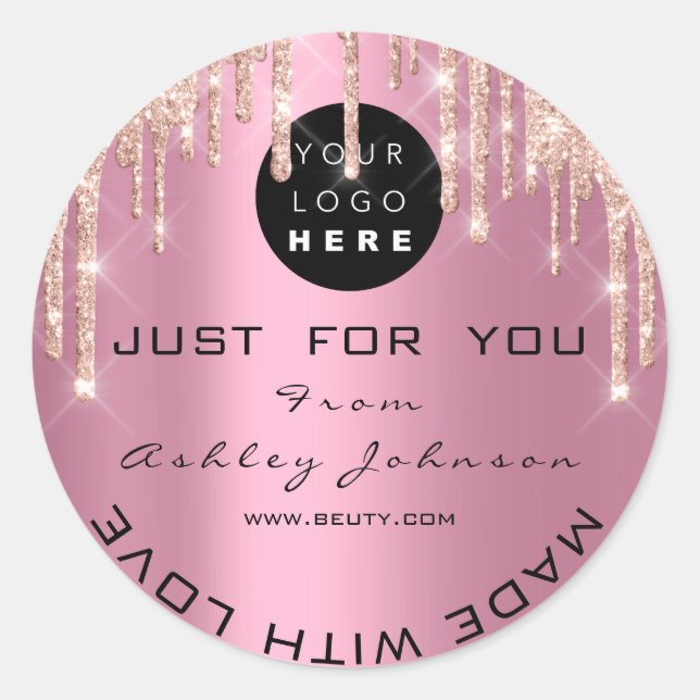Thank Custom Logo Rose Drips Made With Love Pink Classic Round Sticker (Front)