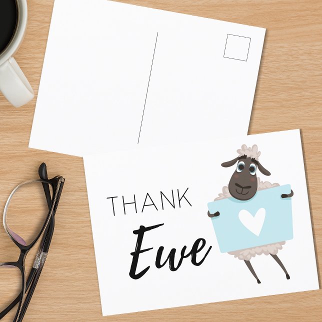 Thank Ewe Sheep Blue with Heart Thank You Postcard (Creator Uploaded)