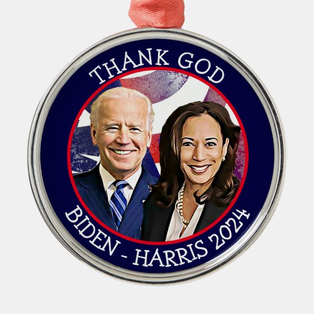 Thank God Biden and Harris Election 2024 Keepsake Metal Tree Decoration (Front)
