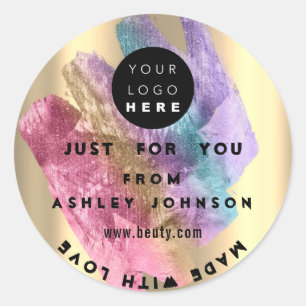 Thank Logo Holograph Made Gold Blue Strokes Pink Classic Round Sticker