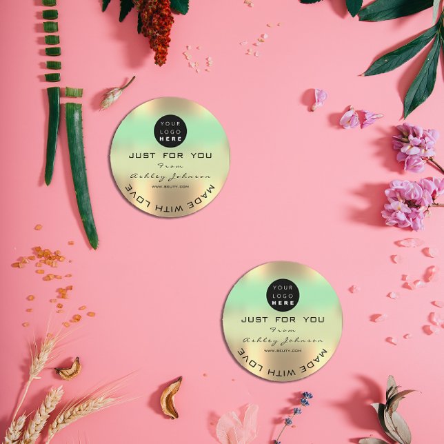 Thank Logo Holograph Made Green Gold Ombre Classic Round Sticker (Thank Logo Holograph Made Green Gold Ombre Classic Round Sticker)