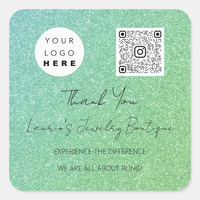 Thank Logo QrCode Online Shop Green And Light Blue Square Sticker (Front)
