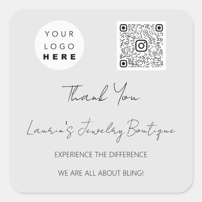 Thank  Logo QrCode Online Shop Grey White Square Sticker (Front)