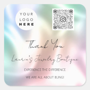 Thank  Logo QrCode Online Shop Pink Holographic Sq Square Sticker