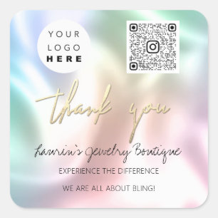 Thank Logo QrCode Online Shop Pink Holographic Square Sticker