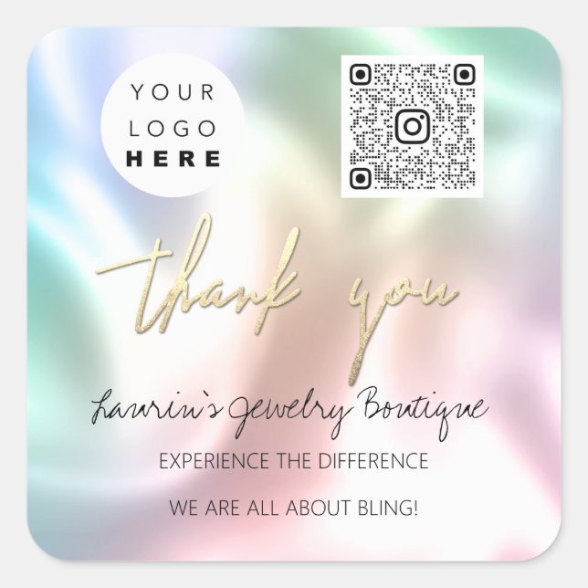 Thank  Logo QrCode Online Shop Pink Holographic Square Sticker (Front)